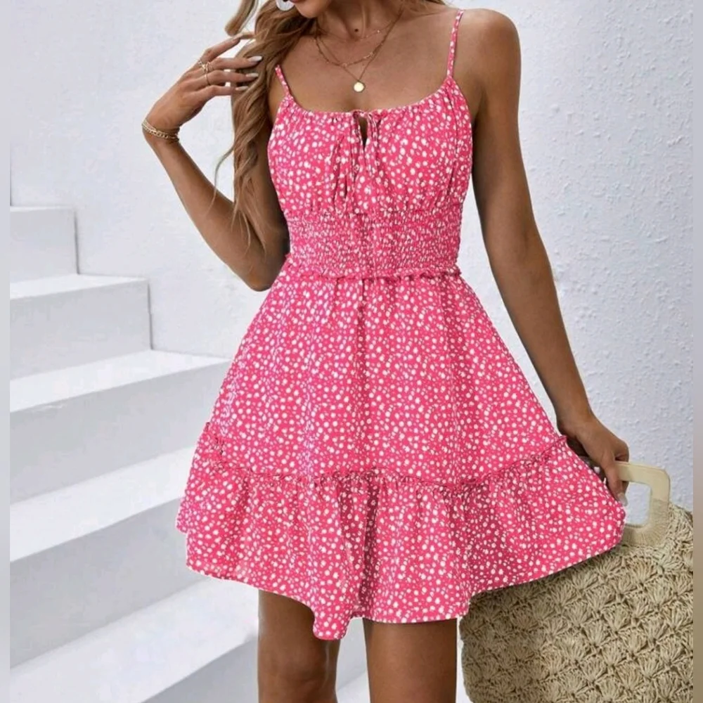 NEW Boho Floral Ruched Ruffle Cami Dress Mini Hot Pink White - Picture 2 of 7